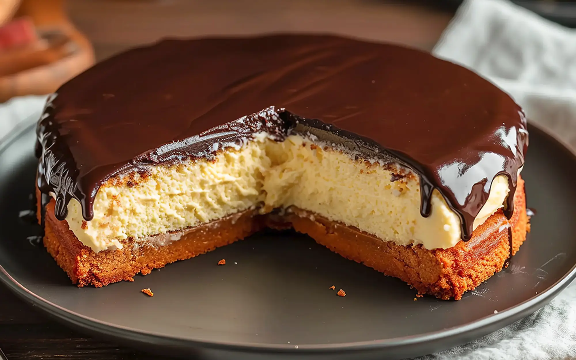 Foto de Boston Cream Pie elaborada con leche fresca y productos Tres Monjitas