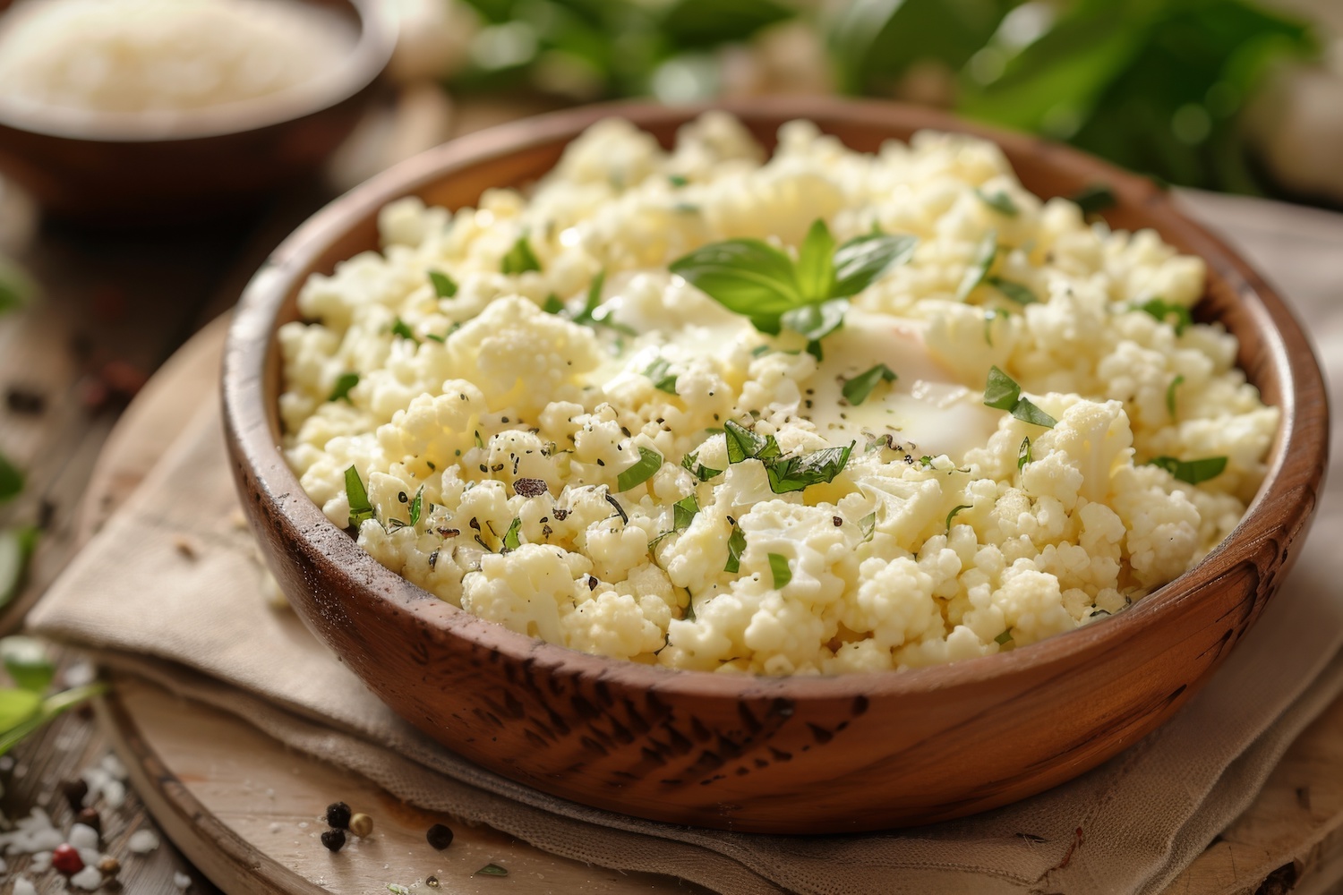 Coliflor en salsa cremosa con productos Tres Monjitas servida en bowl rústico