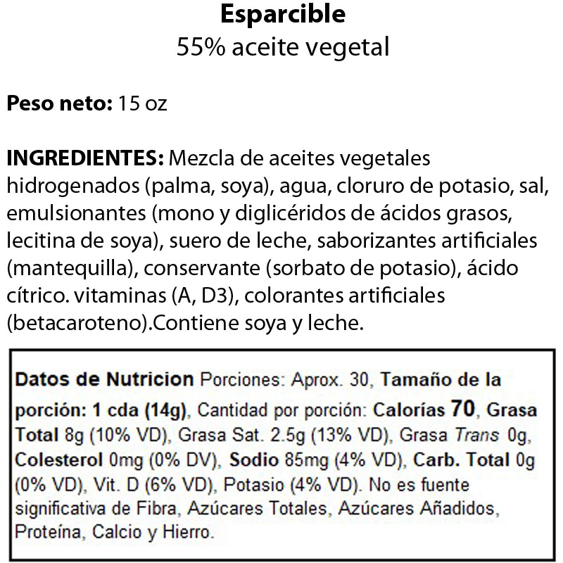 Información nutricional: Esparcible 55% aceite vegetal peso neto 15 oz.