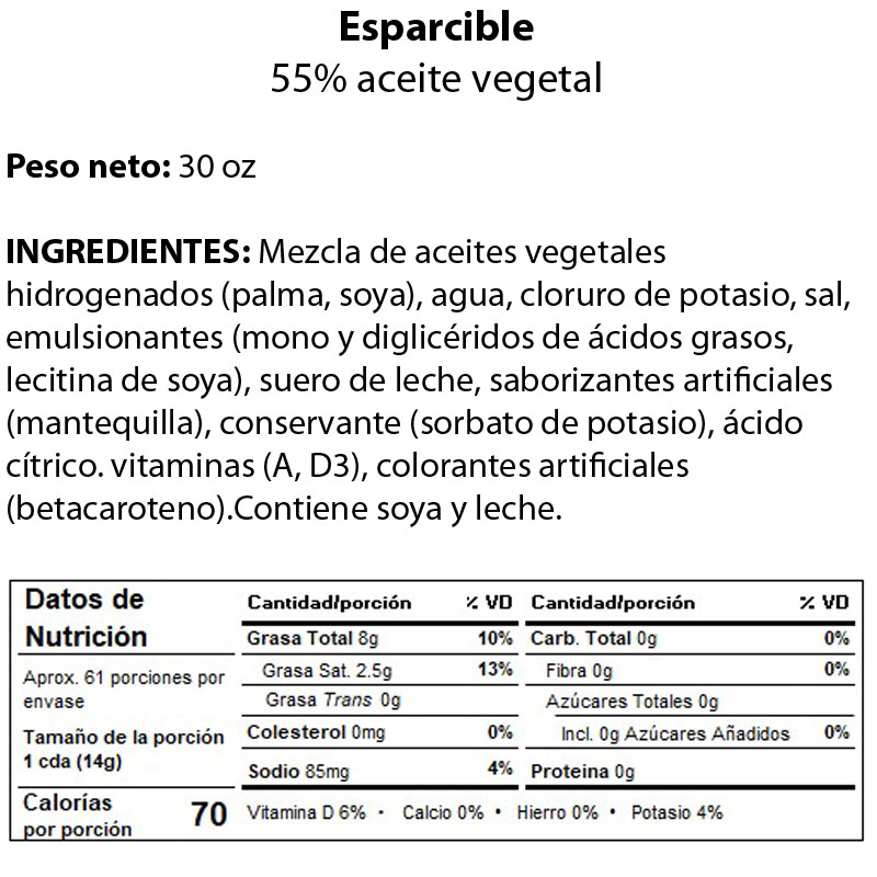 Información nutricional: Esparcible 55% aceite vegetal peso neto 30 oz.