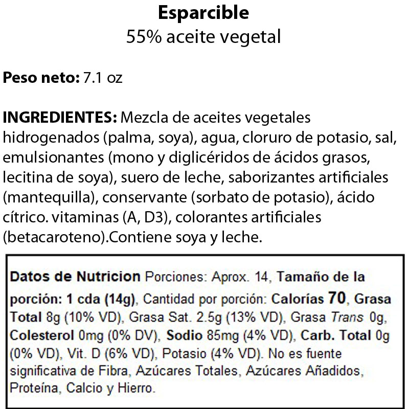 Información nutricional: Esparcible 55% aceite vegetal peso neto 7.1 oz.