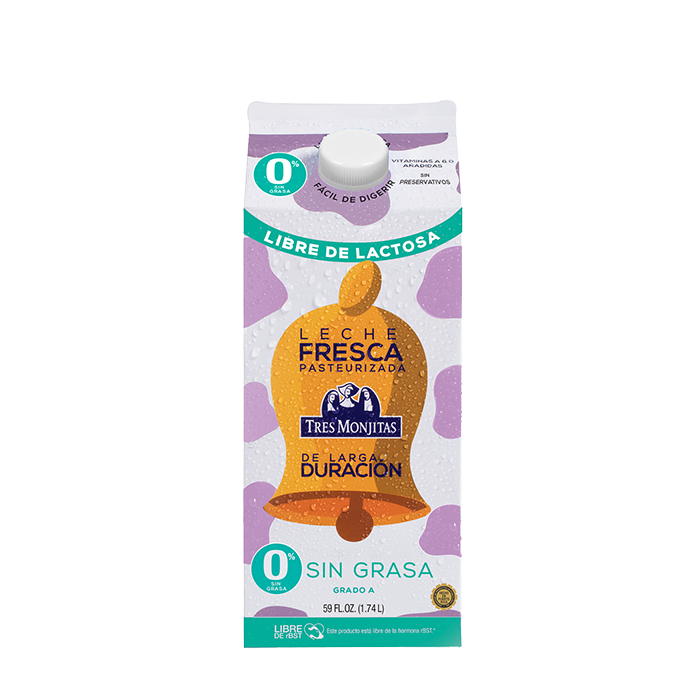Tres Monjitas Leche Fresca de Larga Duración Sin Lactosa Sin Grasa 0% 59 Oz