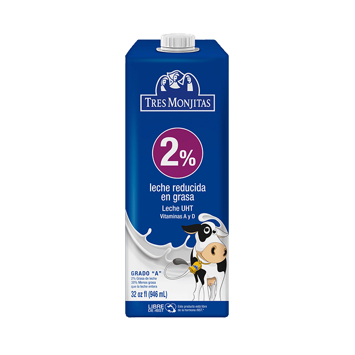 Leche UHT Entera Y 2 Porciento 32 Oz Tres Monjitas. Grado A. Libre De RBST. Vitaminas A Y D.