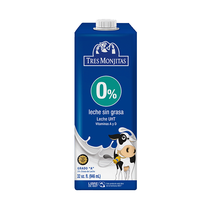 Leche UHT Entera Y Sin Grasa 32 Oz Tres Monjitas. Grado A. Libre De RBST. Vitaminas A Y D. Hecha En Puerto Rico
