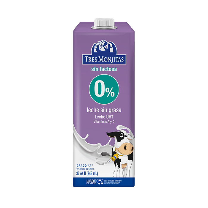 Leche UHT Sin Lactosa Y Sin Grasa 32 Oz Tres Monjitas. Grado A. Libre De RBST. Vitaminas A Y D.