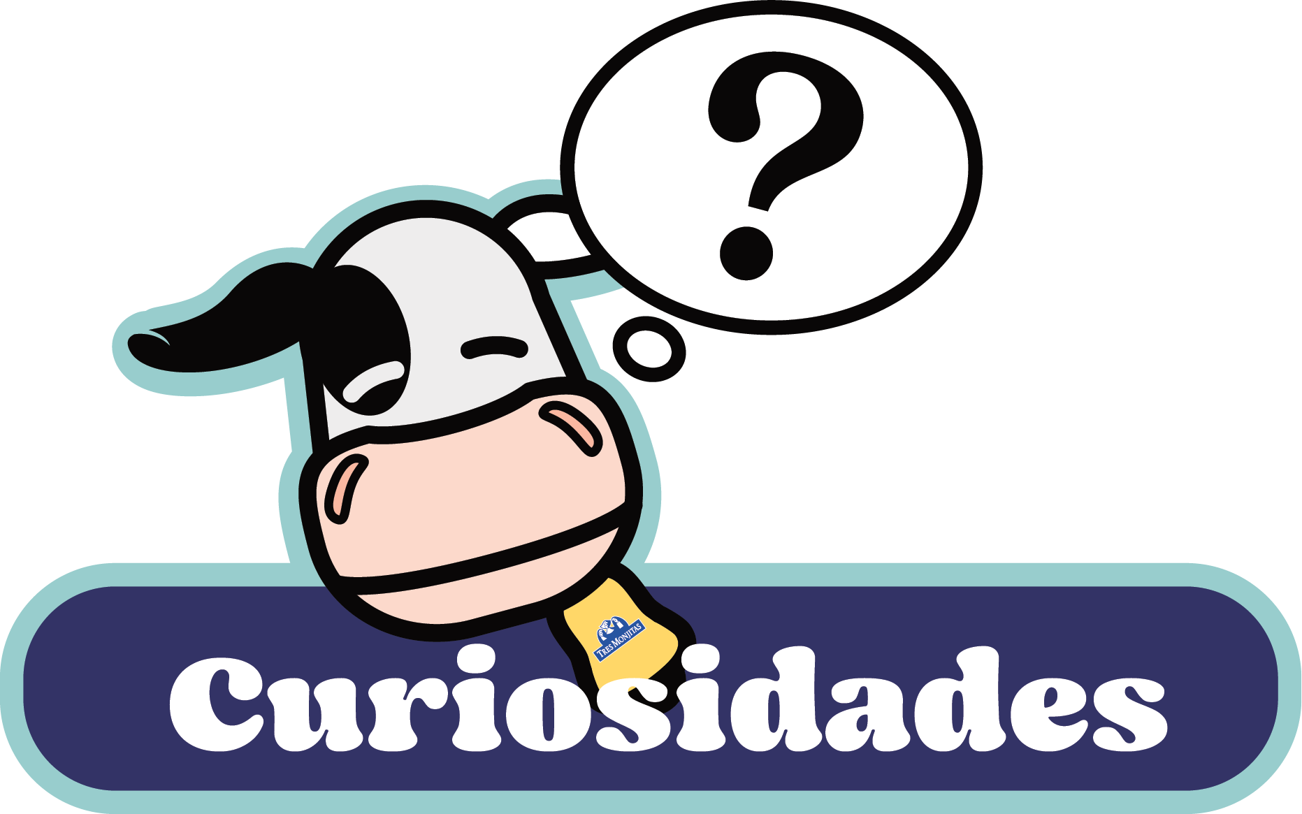 Curiosidades de las vacas por Tres Monjitas. ilustración de la vaca vigorosa con signo de interrogación: curiosidad