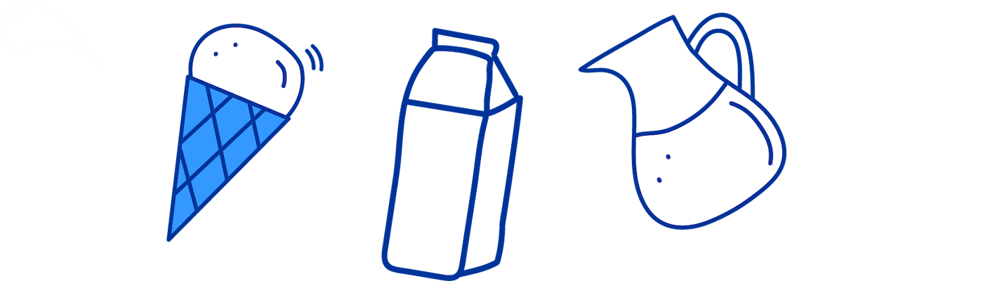 ilustración de barquilla, bote de leche, jarra de leche Tres Monjitas y gota de leche