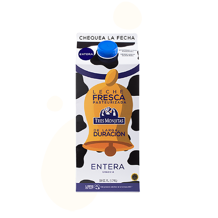Tres Monjitas Leche Fresac de larga duración entera 59oz sobre un splash