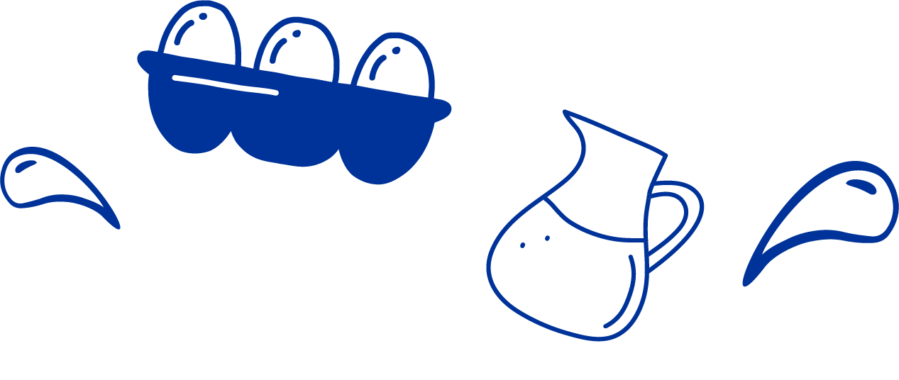 Recetas Imagen para fondo de la sección de recetas con huevos, leche, un rodillo y varias gotas de leche