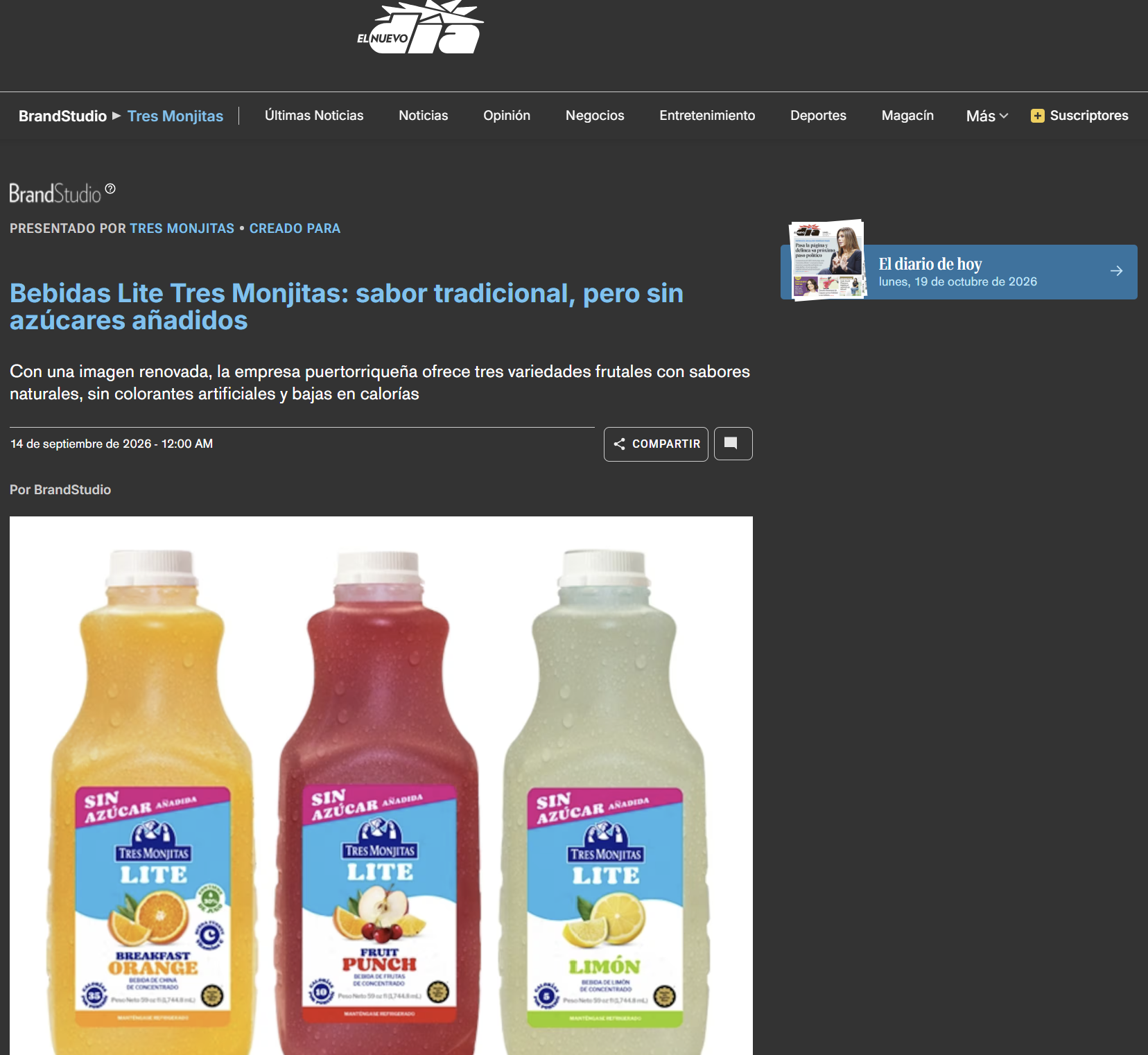 Bebidas Lite Tres Monjitas: sabor tradicional, pero sin azúcares añadidos